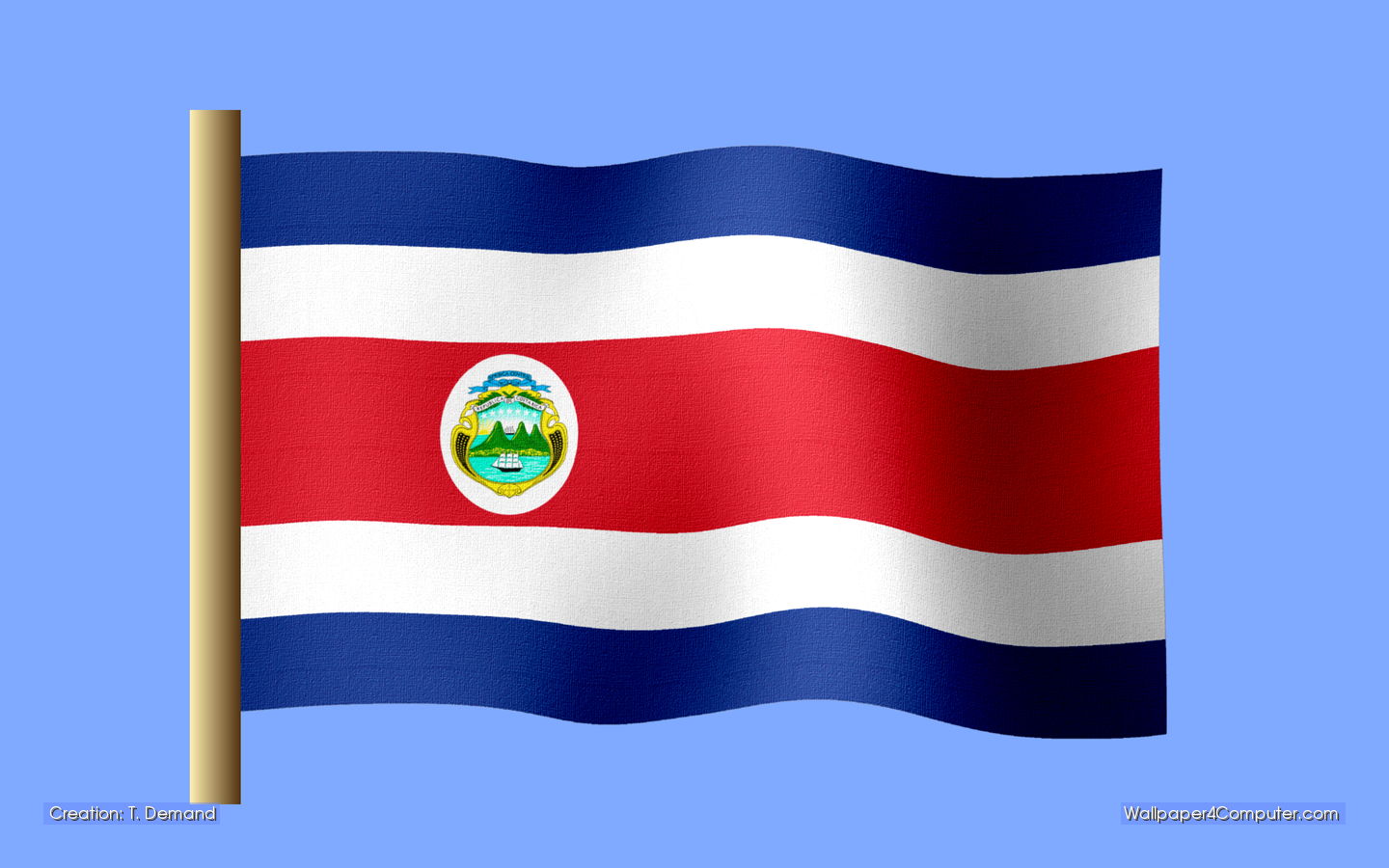 Flag of Costa Rica. Creation: (c)2007 T. Demand, Wallpaper: 2011 T. Demand, Wpic This wallpaper is free to be used as a desktop wallpaper on your computer. Any other usage, publication, distribution is not allowed.
